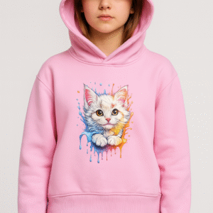 هودي أطفالي بناتي برسمة قطة ملونة – خامة شتوي سوفت