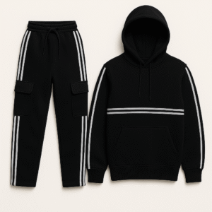 ترنج اطفالي أسود بخطوط بيضاء رياضية ريفلكت – هودي وبنطلون