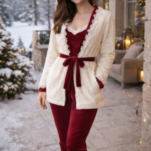 طقم بيجاما حريمي شتوي 3 قطع فرو × قطيفة – نبيتي × أوف وايت