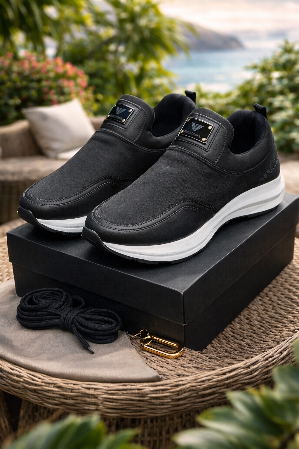 كوتشي أرماني رجالي Slip-On أسود – كاجوال فاخر كوتشي أرماني رجالي Slip-On أسود – كاجوال فاخر