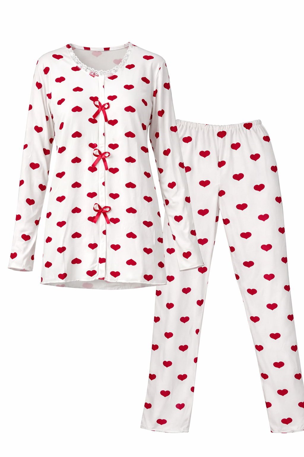 بيجاما حريمي قلوب أبيض × أحمر – طقم قطعتين ناعم بيجاما حريمي قلوب أبيض × أحمر – طقم قطعتين ناعم