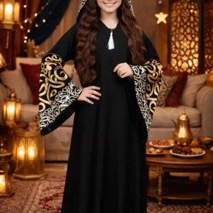 إسدال رمضاني بناتي مطرز – أسود × ذهبي (من 12 إلى 16 سنة)